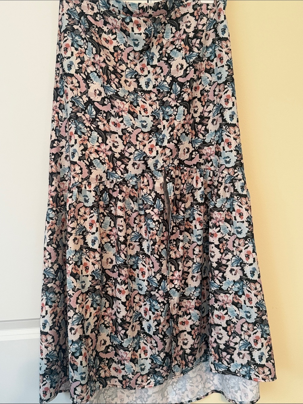 A-Line Floral Tiered Midi Skirt in Black, Pink & Blue